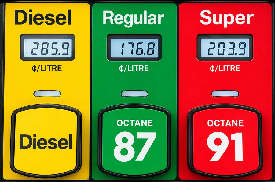 Exemple de photo : la face d'une pompe affichant Diesel 285,9, Regular (octane 87) 176,8 et Super (octane 91) 203,9 cents le litre.